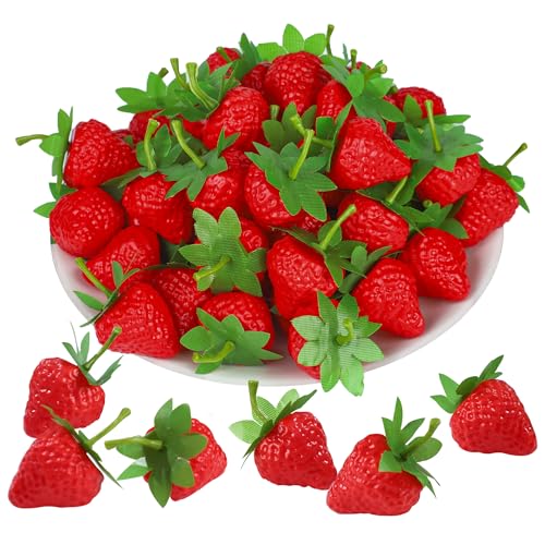 Maniaacer 50 PCS Artificial Red Strawberries Fake Plastic Strawberry Faux Realistic Strawberry Decor Lifelike Decorative Red Strawberries for Home Kitchen Festival Party Photography Cake Decoration