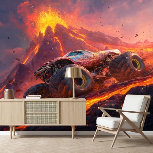 Extremsportarten Auto Fototapete 3D Effekt, Unheimlich Lava Panorama Poster Tapete, Rockmusik Berg VliesTapete 200x140 cm Wandtapete Wanddeko Wand Wohnzimmer Schlafzimmer Wohnung Wandbilder