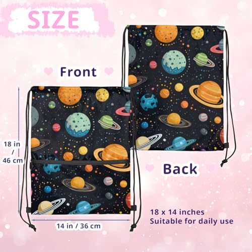 Colorful Planet Pattern Polyester Drawstring Bag with Zipper Pocket, 18x14 Inch Water-Resistant Gym Sack String Backpack for Sports, Travel, Camping2