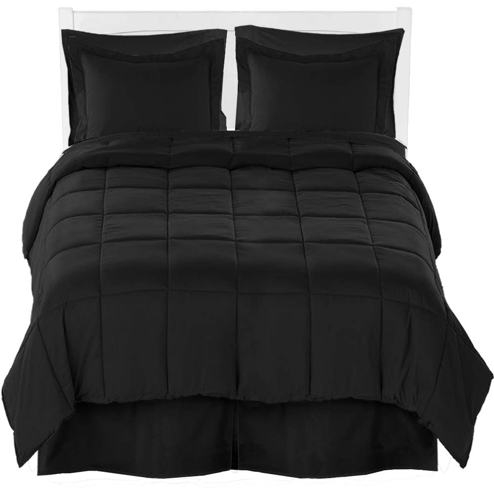 Full Comforter Set + Sheet Set + Bed Skirt - Premium Ultra-Soft Brushed Microfiber (Comforter Set: Dark Blue, Sheet Set: Light Grey, Bed Skirt: Dark Blue)
