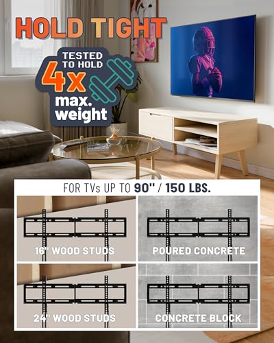 Image of ECHOGEAR Fixed TV Wall Mount for 32 inch-90 inch TVs up to 150lbs, 1.18 inch Profile | Universal XL TV mount w / DIY install includes easy drill template and all hardware, works on 16 & 24 inch studs or concrete