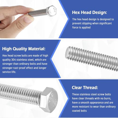Image of Zonon 100 Pcs 3 /8-16 x 2-1 /2 inch Hex Head Screw Bolt, Silver