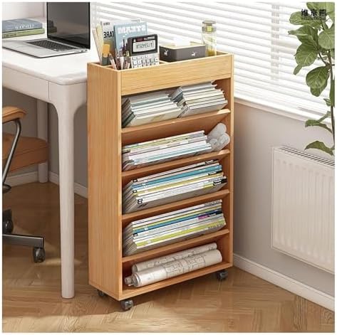 Mobile Bookshelf,Brown Wooden Rolling Storage Cart, Mobile Bookshelf with Multi-Tier Shelves & Wheels for Office Organization - Versatile Utility Cart for Home & Office Use