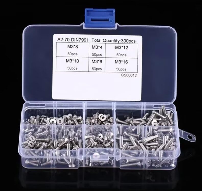 300Pcs/set M3 Hex Socket Screws 304 Stainless Steel Flat Head Hexagon Screw Bolt Nut Assortment Kit Tool Fastener Hardware
