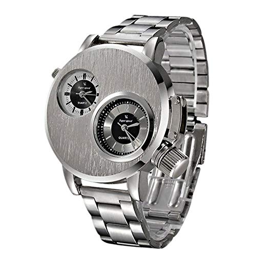 ITVIP V6 Orologio quadrante doppio movimento grande Orologio al quarzo casual moda uomo e cinturino in acciaio inossidabile (Argento)