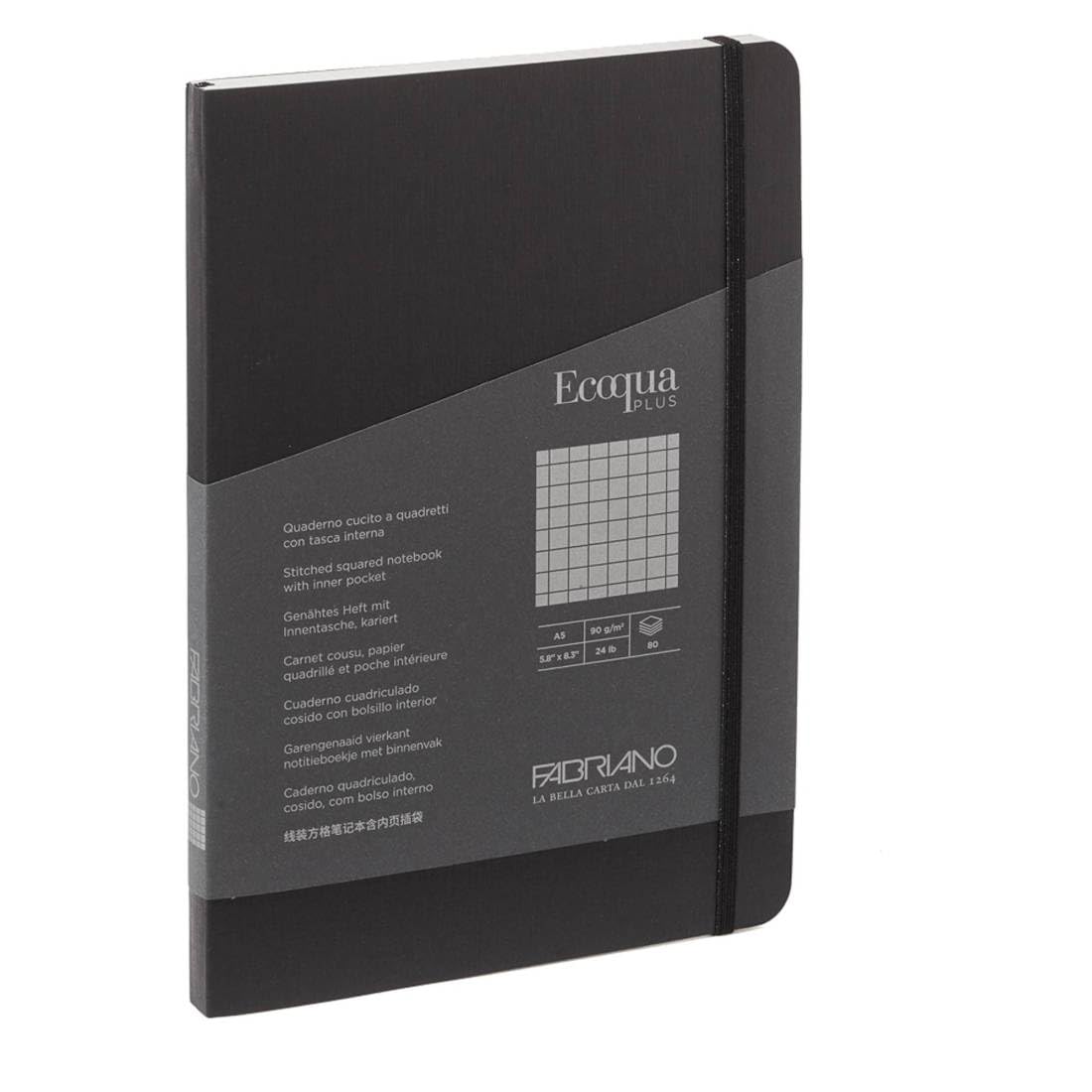 Fabriano 94727 Carnet de notes avec élastique Ecoqua Plus cousu A5 80 Fg, 5 Mm, Noir