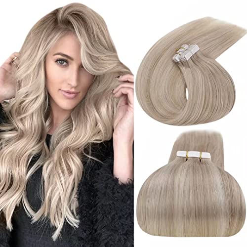 Tape in Human Hair Extensions Highlight Ash Blonde with Light Blonde Natural Invisible Tape on Hair Extensions Remy Human Hair Straight 20Pcs 50g 16"