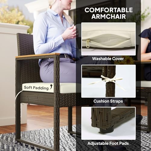 Outsunny 3 Pieces Wicker Patio Furniture Set, Rattan Bistro Set w/ 2 Patio Chairs, Acacia Wood Table & Removable Cushions, Patio Conversation Set for Porch, Balcony, White - Image 7