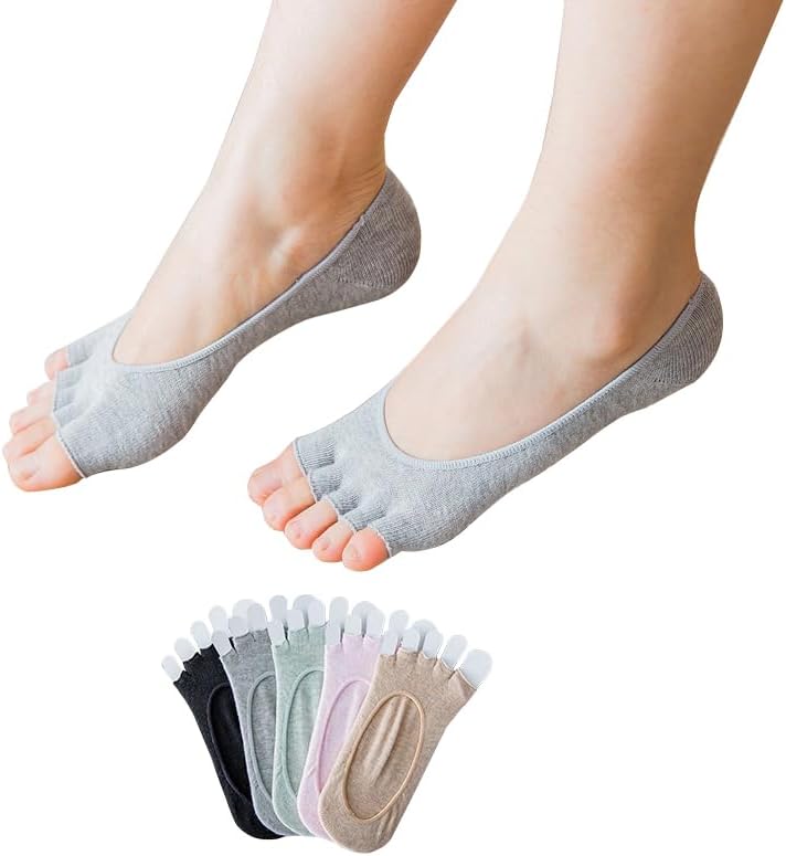 No Show Toe Socks for Women Low Cut Five Toe Socks Breathable Sports Running Socks with Nonslip Heel Grip, 5 Pair