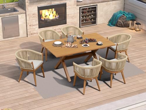 Image of PURPLE LEAF 7 Pieces Outdoor Dining Set with Patio Aluminium Dining Table and Wicker Chairs Modern Furniture Cushions Sets for Backyard Indoor Decor Kitchen Teak