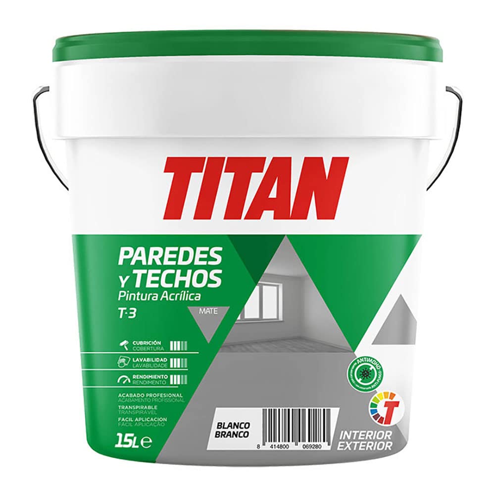 PINTURA ACRÍLICA PARA DECORACIÓN DE PAREDES Y TECHOS T-3 BLANCO.MATE 15l TITAN 123000315