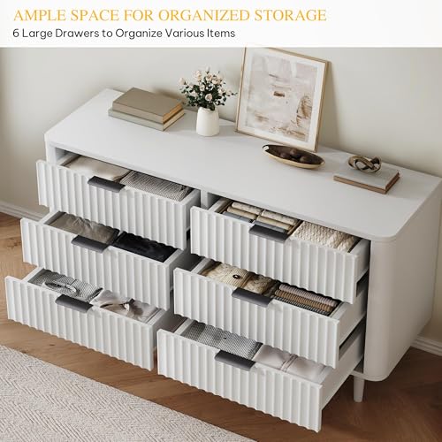 DWVO 6 Drawer Dresser with Fluted Panel, 47.2" Wide Modern Closet Dressers Chest of Drawers, Wood Storage Dresser Organizer for Bedroom, Dorms, Flats, Living Rooms, Hallways, White