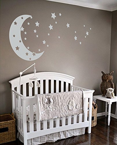 Image of Moon and Stars Night Sky Vinyl Wall Art Decal Sticker Design for Nursery Room DIY Mural Decoration (Light Grey, 30x65 inches)