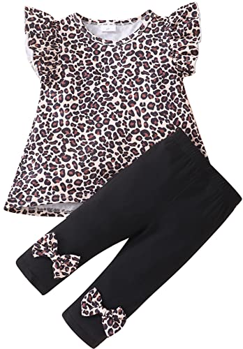 Popshion Little Girls 2 Piece Summer Outfits Flutter Sleeve T-Shirt and Cropped Capri Leggings Kids Clothes Short Sets 2-8t