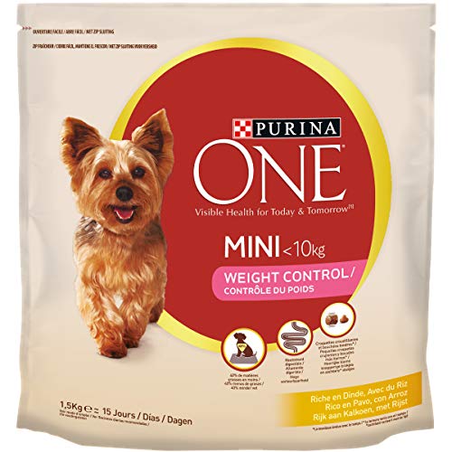 Purina One Mini Contrôle du Poids - Riche en Dinde, avec du Riz - 1,5kg - Croquettes pour Chiens de Petite Taille (1-10kg) peu actifs ou en surpoids - Lot de 6