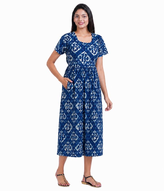 Calf Length[L to 4XL] - Zipless One Piece Maternity & Feeding Dress/Gown/Nighty| 100% Cotton with a Side Pocket - for Pregnancy & Nursing-image-13