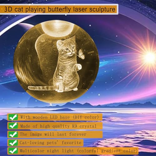 Image of 3D Crystal Ball 3.15 inch / Wooden USB Switch Base with LED Gradient Color Lights /Cat Lover Gift Women's 3D Crystal Ball Theme Gift,Christmas