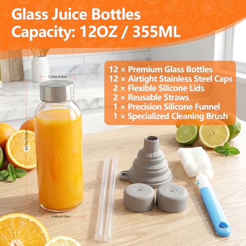 Image of Luxfuel Glass Juice Bottles with Lid 12 oz, 12 Pack Reusable Glass Water Bottles with Stainless Steel Cap & Straws, BPA Free, Leak Proof Juice Bottle Containers for Juicing, Smoothies & Fridge Storage