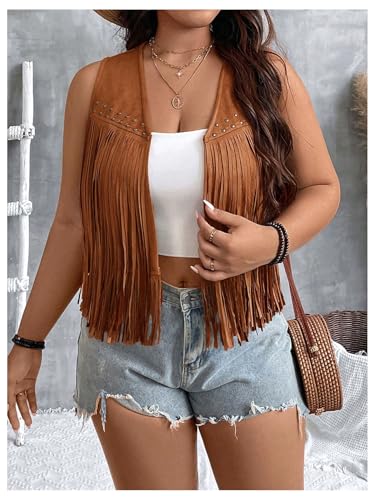 Women's Plus Size Faux Suede Fringe Crop Jacket Vintage Studded Detail Open Front Sleeveless Vest4