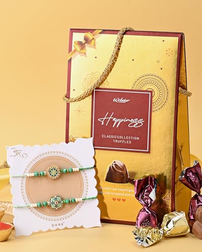 Image of Hyperfoods Rakhi with Chocolates Wobniar Happiness Chocolate Gift Pack 180 Grams Golden bag Twin Blossoms Rakhis Set of 2 with Roli & Rice Rakhi Set for Brother