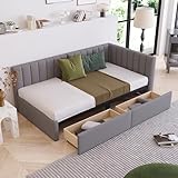 MWrouqfur Twin Corner Daybed with 2 Storage Drawers,L Shaped Day Bed with Upholstered Armrest,Modern Sofa Bed Frame,Linen Fabric,No Box Spring Needed (Gray), Grey