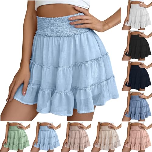 HGps8w Cute Vacation Mini Skirts for Women Summer Smocked High Waisted A-Line Ruffle Flared Pleated Skirt2