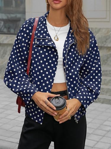 Image of Tankaneo Womens Zip Up Cropped Jackets Polka Dot Oversized Jackets Spring Lightweight Trendy Casual Coats