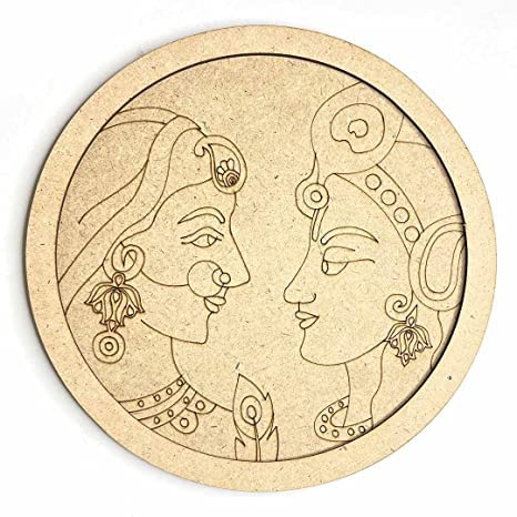 Image of Adikala MDF Radha Krishna ji Engraved Design Wall Plate Base With Frame Cutout for DIY Craft-Set Of 2