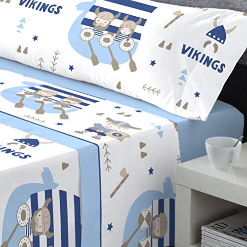 Mercato House - Juego de Sábanas Invierno Infantil Coralina Vikingos/Sábana Coralina 180gr/Encimera + Bajera + Funda de Almohada /100% Poliéster (Azul, Cama - 90)