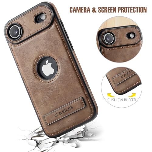 Image of Casus for iPhone Air Case, MagSafe Compatible Vegan Leather Case with Slim Kickstand, Protective Cover with Tempered Glass Screen Protector, Gray, 6.5 Inch (2025)
