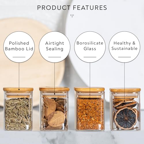 Image of TIENER Glass Jars Set, Square Spice Jars With Bamboo Lids And Customized Labels, 8Oz 12 Piece Small Food Storage Containers For Home Kitchen, Spice, Herbs, Seasoning, Seed, Tea, Sugar, Salt,Clear