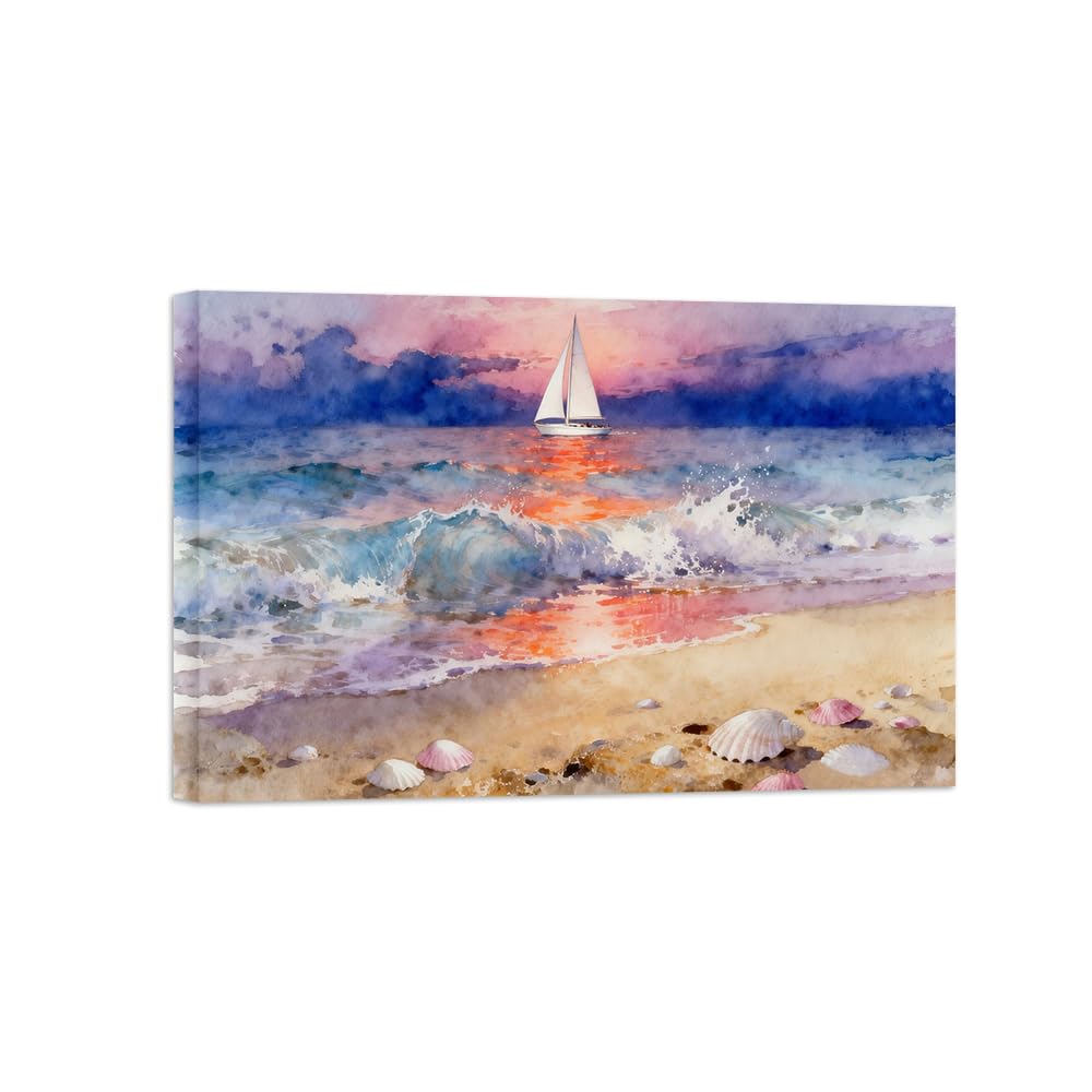 OZPWBVY Beach Wave Boat Landscape Canvas Prints Ready to Hang 70x105cm Wrapped Canvas