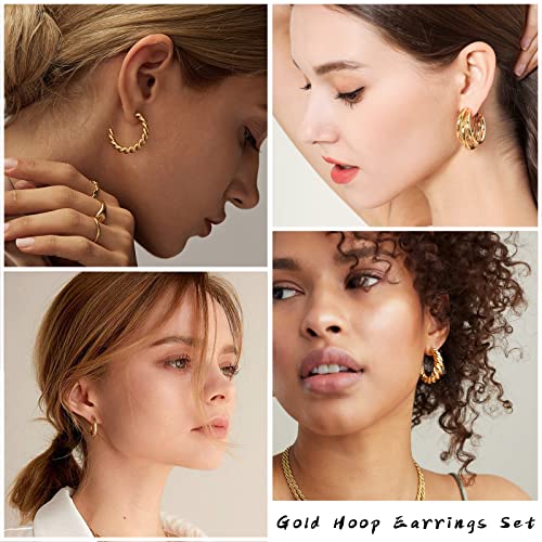 IFKM Gold Jewelry Set For Women, 14k Gold Plated Multi Layer Necklaces Bracelets Stackable Knuckle Rings Hoop Earrings set, Trendy Elegance Charms Non Tarnish Minimalist Textured Boho Jewelry Gift