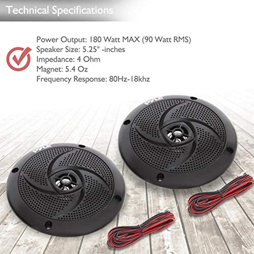 Image of Pyle PLMRS5B 5.25 Inch 180 Watt Waterproof Weather Resistant Outdoor Rated Low Profile Slim Style Marine Speakers, Black (4 Speakers)