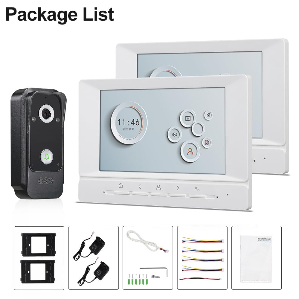 Verkabeltes 1080P HD Video Türtelefon Intercom System, Video Türglocke Kamera IR Nachtsicht mit 2 Monitore 7 Zoll Farbbildschirm, Zweiwegs-Audio, Entsperren, Aufzeichnen