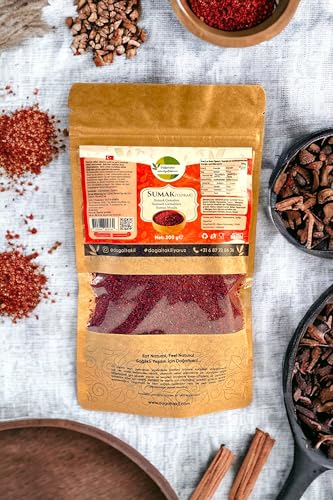 Sumachgewürz, Sumachpulver, gemahlener Sumach, Essigbaumgewürz, leicht getrocknet und gemahlen, veganes Gewürz (200 g)