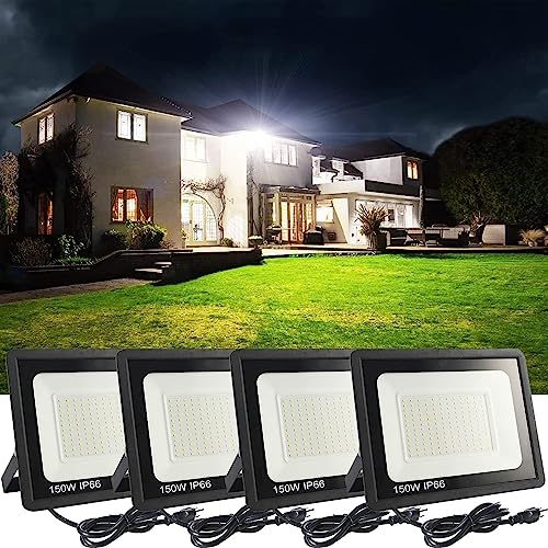 4Pack LED Flood Light Outdoor,150W LED Work Light 15000lmwith 6FT US Plug,IP66 Waterproof Exterior Security Lights,6000K Daylight White Outside Floodlights Slim Design for Playground Yard