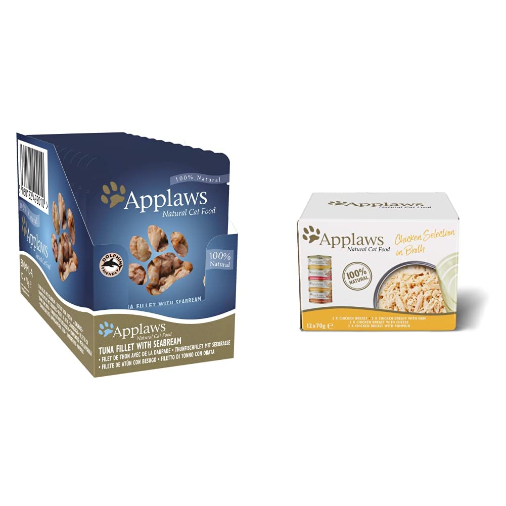 Applaws Wet Cat Food, Tuna Fillet with Seabream in Broth Pouch, 12 x 70g & Natural Wet Cat Food, Multipack Chicken Selection in Broth 70 g Tin (Pack of 12)