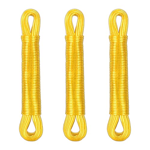 Relaxdays Wäscheleine 3er Set, 20m, PVC Wäscheseil mit Polyesterkern, extra stark, drinnen & draußen, Wäscheschnur, gelb