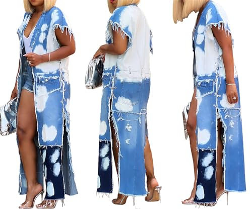 Recious Womens Sexy Batwing Sleeve Ripped Out Distressed Washed Metal Chain Long Vest Denim Jacket Trench Coat2