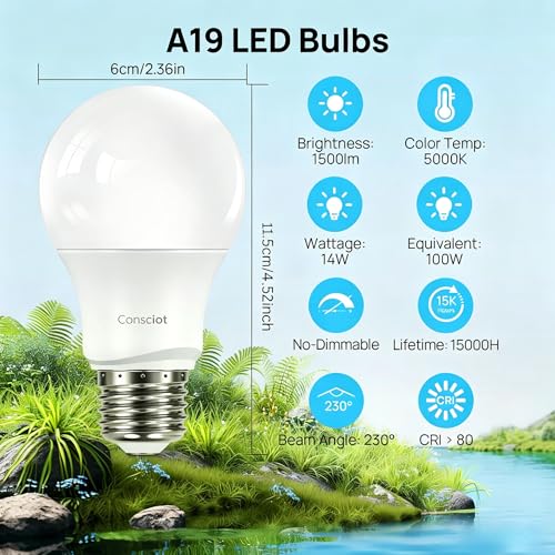 Image of Consciot A19 LED Light Bulb,100W Equivalent,14W 5000K Daylight White,E26 Base,1500 Lumens Non-Dimmable,Energy Efficient LED Light Bulbs,UL Listed for Home Lighting,5-Pack