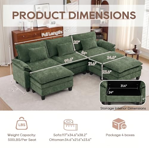Image of IPKIG 117 inch Modular Cloud Couch with Storage, C Shaped Sectional Sofa | 3 Seater Green Chenille Deep Seat Sectional Couches with Ottoman and Pillow for Living Room, Apartment