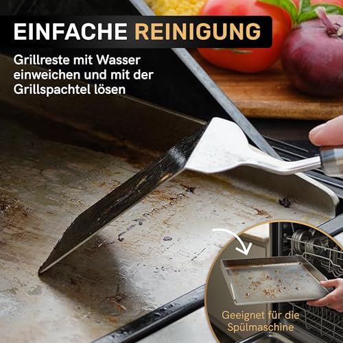 AMZBBQ® Premium Plancha Set - 40 x 30 cm - ca. 5 mm massiver Edelstahl - 20% stärker als herkömmliche Planchas - Grillplatte für Gas & Kohlegrill - Grillzubehör Geschenk für Männer inkl. Grillspachtel