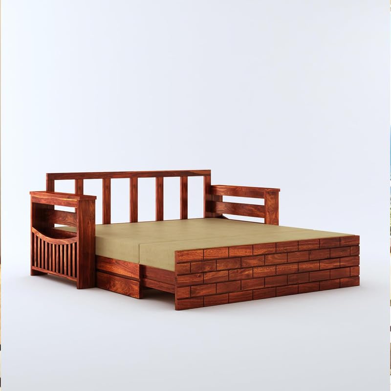 Image of Amazon Brand - Solimo Sheesham Wood Italian 3 Seater Sofa Cum Bed with Drawer and Side Pocket Storage | Wooden Bed with Cushion | Multipurpose Sofa Furniture for Home & Living Room (Honey Finish)