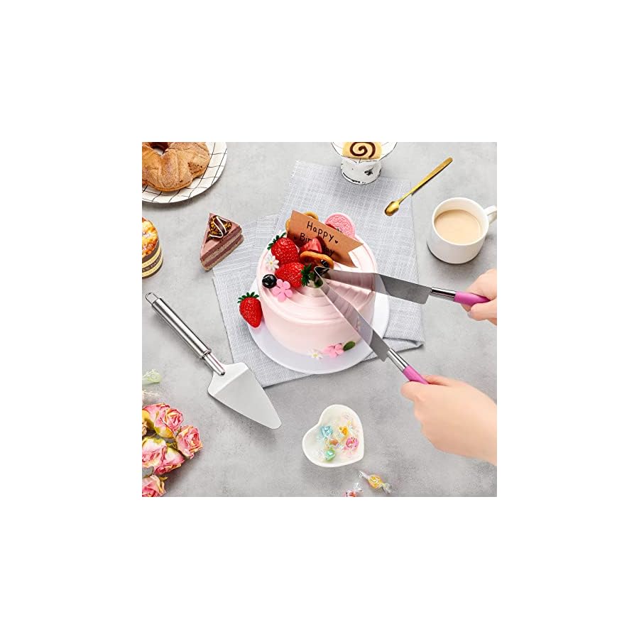 2 Pieces Cake Slicer Cutter Multi Function Stainless Steel Cake Spatula Stainless Steel Cake Server Set for Cakes Pie Desserts Pizza (Pink or Purple)