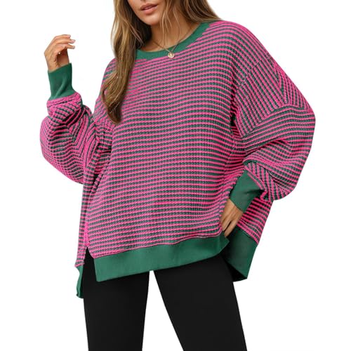 Womens Striped Long Sleeve Shirt Waffle Knit Crewneck Oversized Sweatshirt - image 1