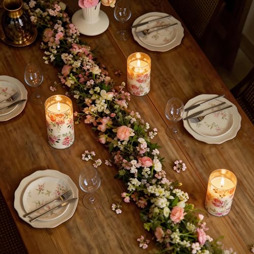 Image of LUSHARBOR Flameless Candles with Remote, Battery Operated Glass Candles Pink Rose Flickering LED Candles Real Wax Floral Christmas Decor Electric Pillar Candles Set of 3