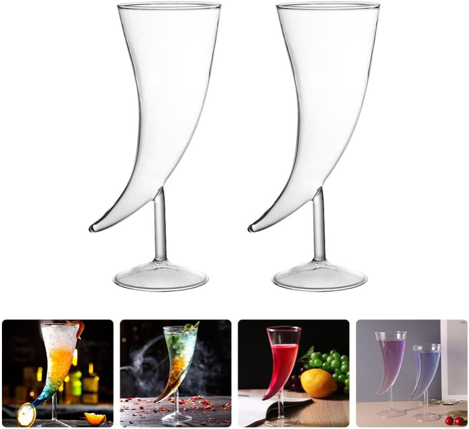 2Pcs Creative Cocktail Glasses 7.1oz Couple Horn Shape Whisky Glasses Moon Shape Champagne Glasses Vintage Drinking Glasses Wine Glassware Decorative Goblet for Wedding Holiday Party