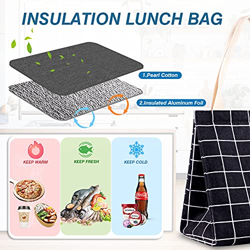 Iknoe Insulated Lunch Bag For Women, Durable Wide-Open Foldable & Portable Lunch Tote With Interior Pockets, Water-Resistant Thermal Lunch Cooler For Adults Picnic Beach-Black Plaid #TOP1