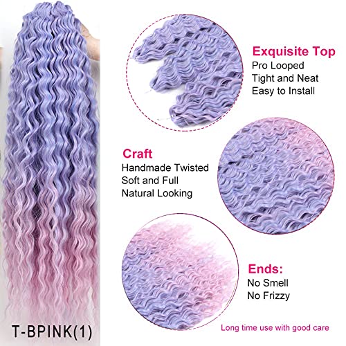 YEESHEDO 3 Packs 22" Ocean Wave Crochet Hair Twist Deep Wave Curly Braiding Extension Kanekalon Synthetic Wavy Braid Hair for Women (Purple to Pink) - Image 3
